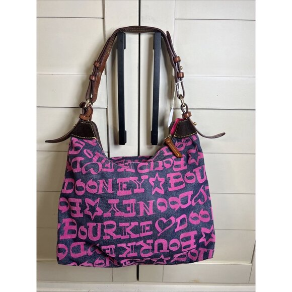 Dooney & Bourke Denim And Pink Signature Multicolor Hobo Style Handbag Purse